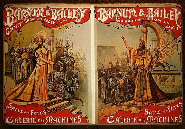 Barnum ja Bailey -sirkusta mainostava juliste Galerie des Machinesissa, n. 1900 (värilitho) tekijältä French School