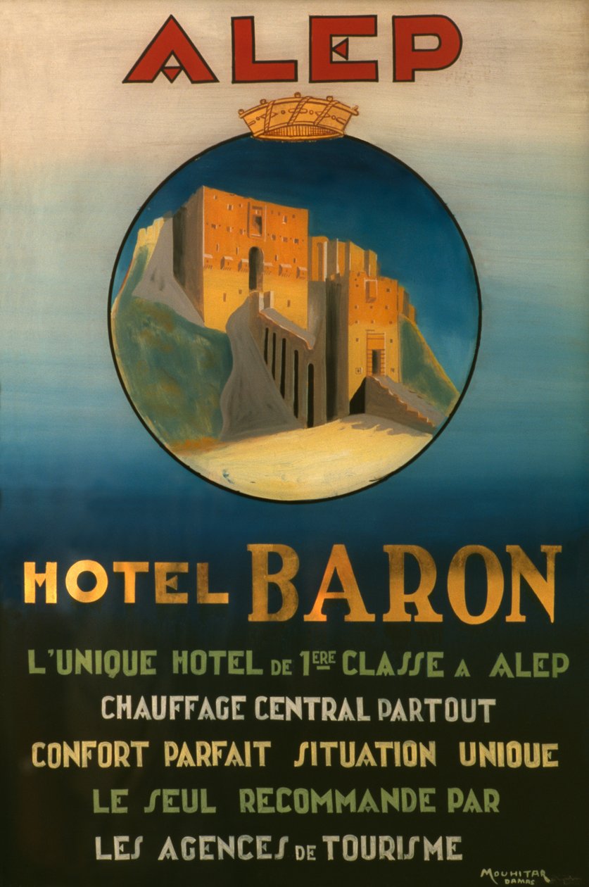 Juliste, joka mainostaa Baron-hotellia Aleppossa, n. 1920 tekijältä French School
