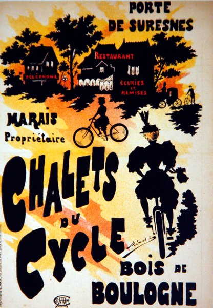 Juliste, joka mainostaa Chalets du Cyclea, Bois de Boulognea, lähellä Porte de Suresnesia tekijältä French School