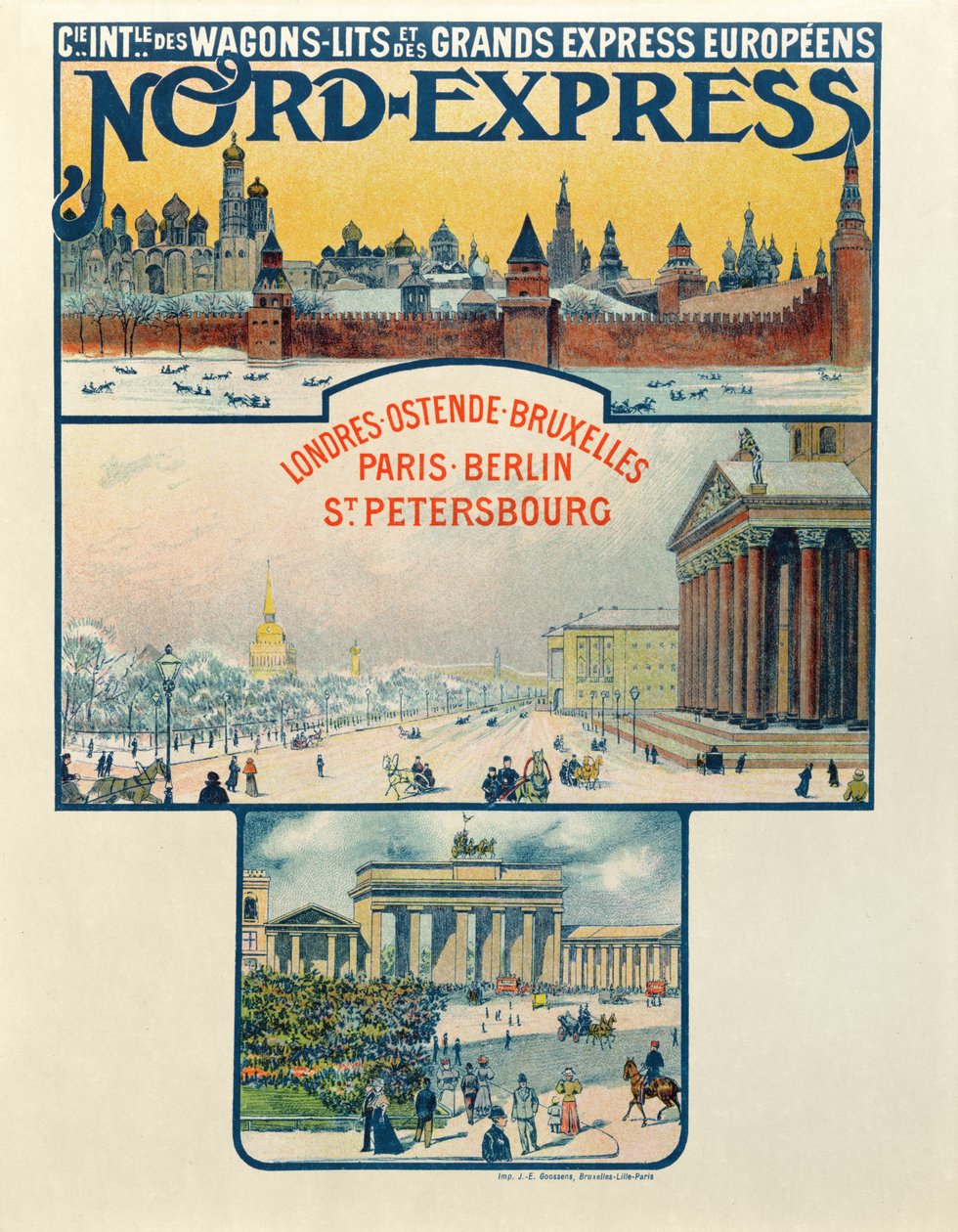 Juliste, joka mainostaa Compagnie des Wagons-Lits et des Grands Express Europeensia Lontoosta Pietariin, 1900-luvun alku tekijältä French School