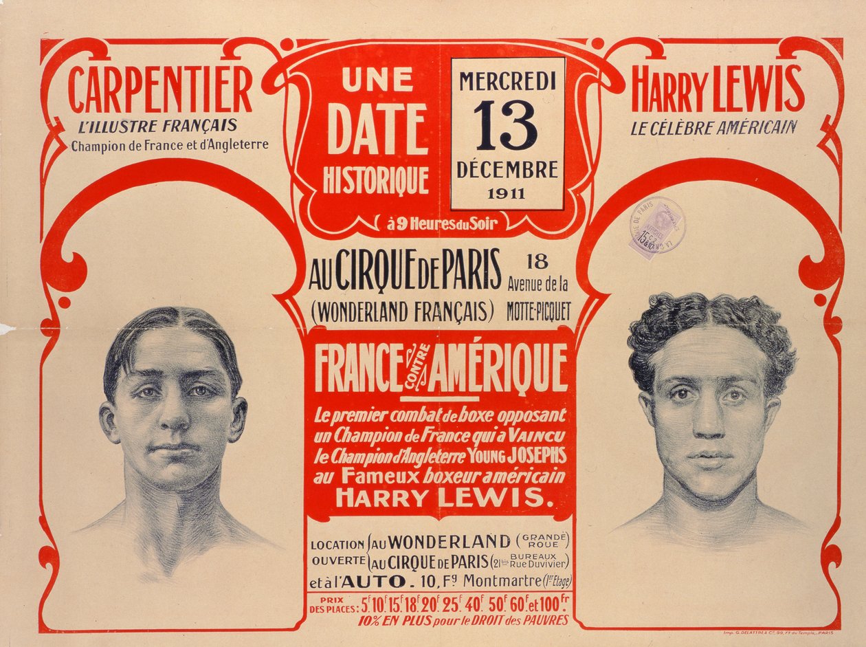 Juliste, joka mainostaa Carpentierin ja Harry Lewisin nyrkkeilyottelua, 1911 tekijältä French School