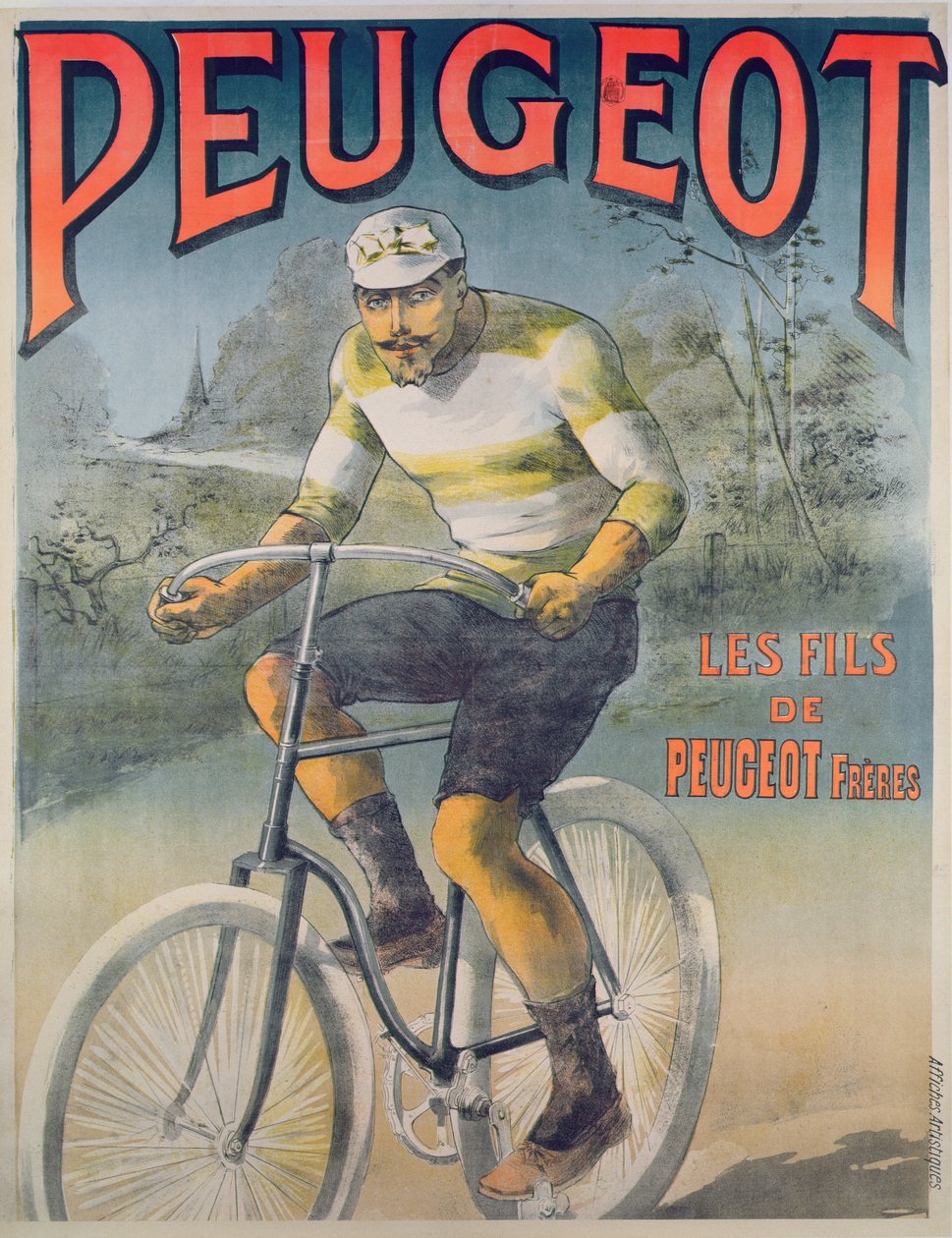Peugeot-pyöriä mainostava juliste (värikaiverrus) tekijältä French School