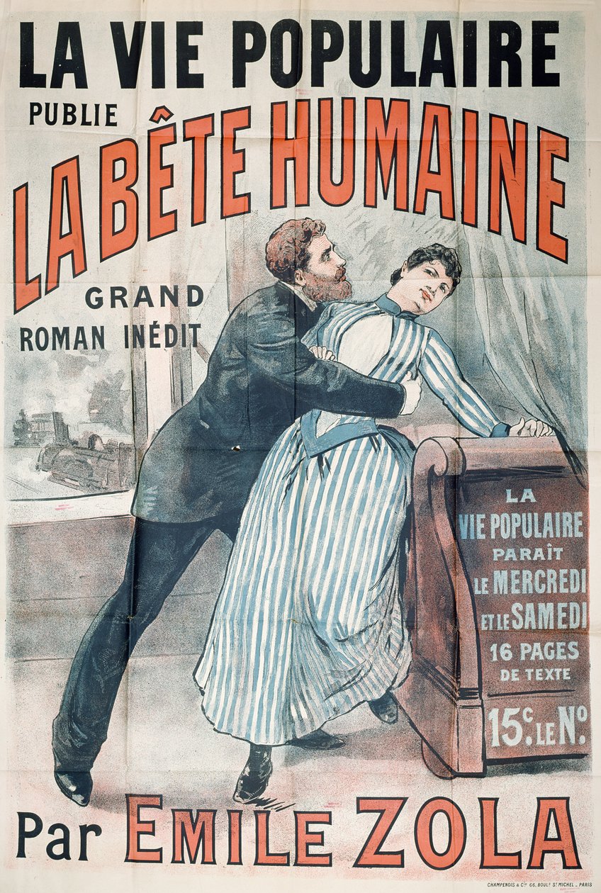 Juliste, joka mainostaa Emile Zolan (1840-1902) La Bete Humainen julkaisua La Vie Populairessa, n. 1890 tekijältä French School