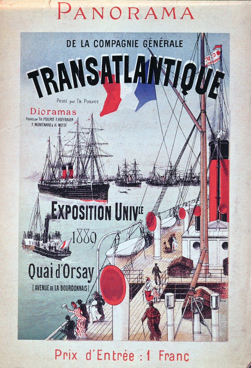 Juliste, joka mainostaa Compagnie Generale Transatlantiquen osastoa yleisnäyttelyssä 1889 tekijältä French School