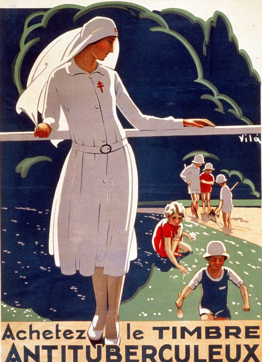 Kansallisen tuberkuloosin vastaisen komitean julkaisema juliste "Osta tuberkuloosilappu". Lithografia 1917. tekijältä French School
