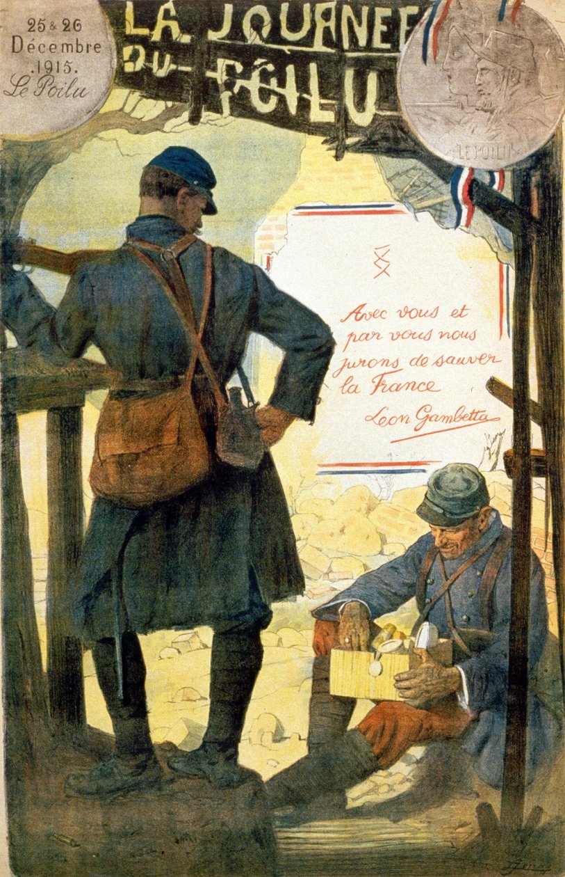 Juliste aiheesta "" La journée du poilu - 25 et 26 décembre 1915"", jossa on Léon Gambettan lainaus "" Sinun kanssasi ja sinun kauttasi vannon pelastavamme Ranskan"". (perheeltään saatu karvainen laatikon avaaminen). tekijältä French School