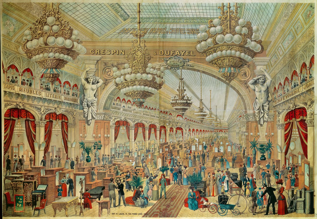 Juliste kaupoille (tai gallerioille) Crespin Dufayel Boulevard Barbesilla Pariisissa. 1800-luvun Pariisi. Koriste taide tekijältä French School