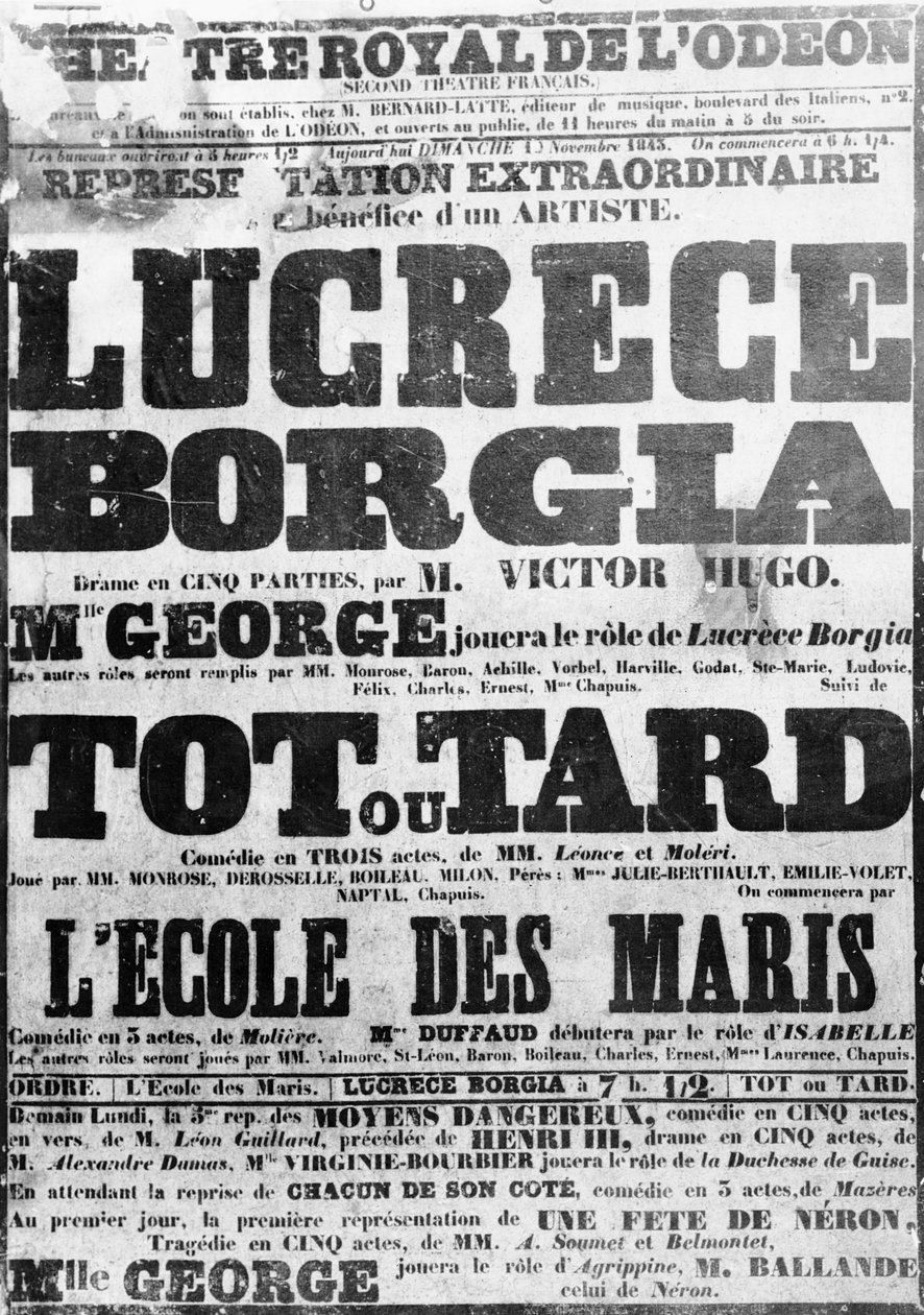 Juliste Lucretia Borgian esityksestä Odeonissa, 1843 tekijältä French School