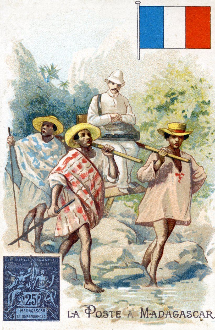 Postimies jakaa postia Madagaskarilla 1800-luvun lopulla tekijältä French School