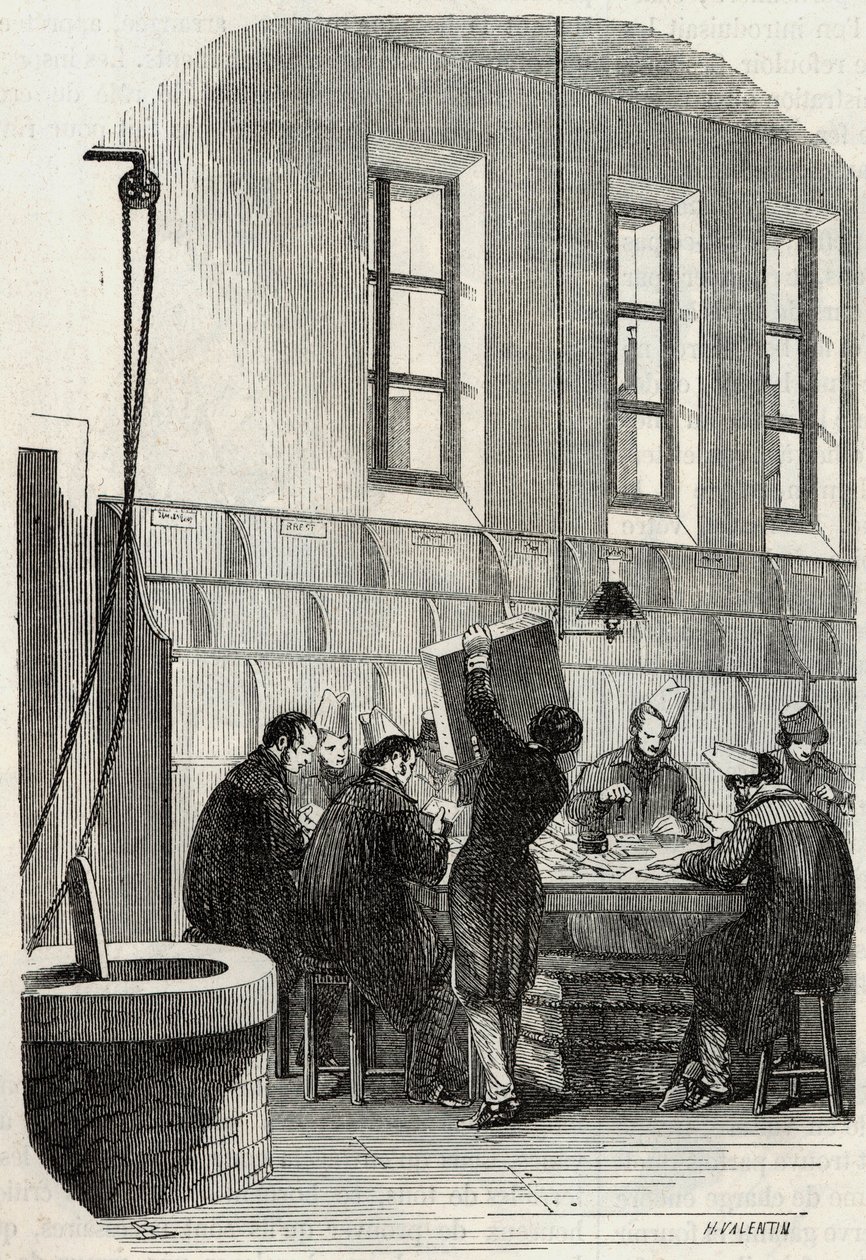 Viestit: Kirjeiden lajittelu osastoille ja ulkomaille - Kaiverrus "Tableau-de-Paris" -kirjoituksesta Edmond Texier 1852 tekijältä French School