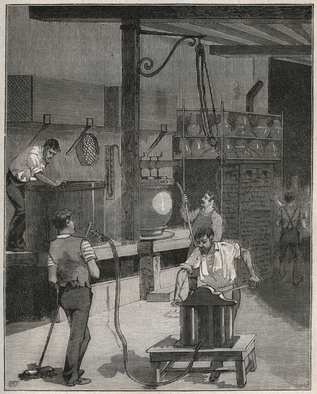 Keramiikka, Sevresin valmistus: Tyhjiö- ja paineilmavalupaja. Kaiverrus vuodelta 1885 kirjassa "Les arts et metiers illustres", kirjoittanut Adolphe BITARD. tekijältä French School