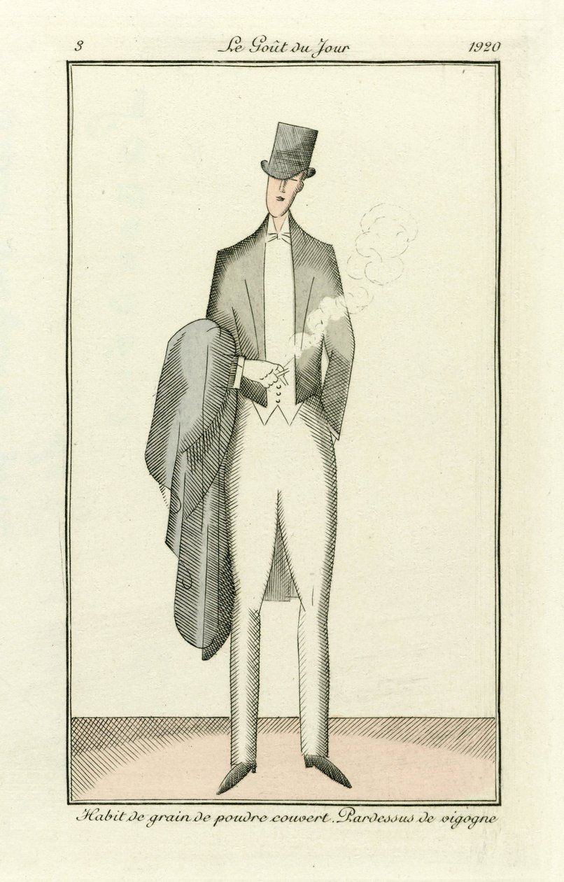 Jauhemainen viljatapa peitetty. Vicunan päällystakki teoksesta Costumes Parisiens, pub.1912 (käsin väritetty kaiverrus). tekijältä French School