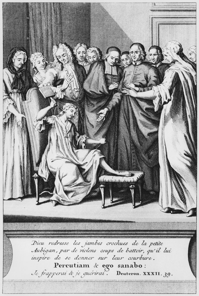 Aubiganin auttamisharjoitus ja ihmeellinen paraneminen, kuvitus teoksesta La verite des miracles de M. de Paris... kirjoittanut Louis Basile Carre de Montgeron (1686-1754) 1737 tekijältä French School