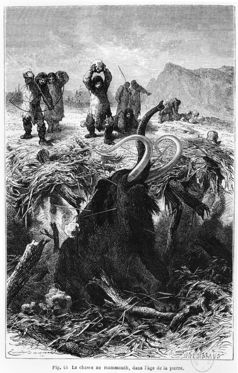 Esihistorialliset miehet metsästämässä mammuttia, Louis Figuierin kuvitus LHomme primitifistä, julkaistu Hachette, Pariisi, 1870 tekijältä French School