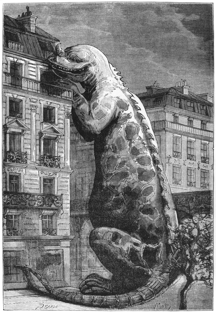 Esihistoriallinen hirviö modernissa kaupungissa, Mottyn kaivertama (1800-luku) kuvitus Camille Flammarionin Le Monde Avant la Creation de l