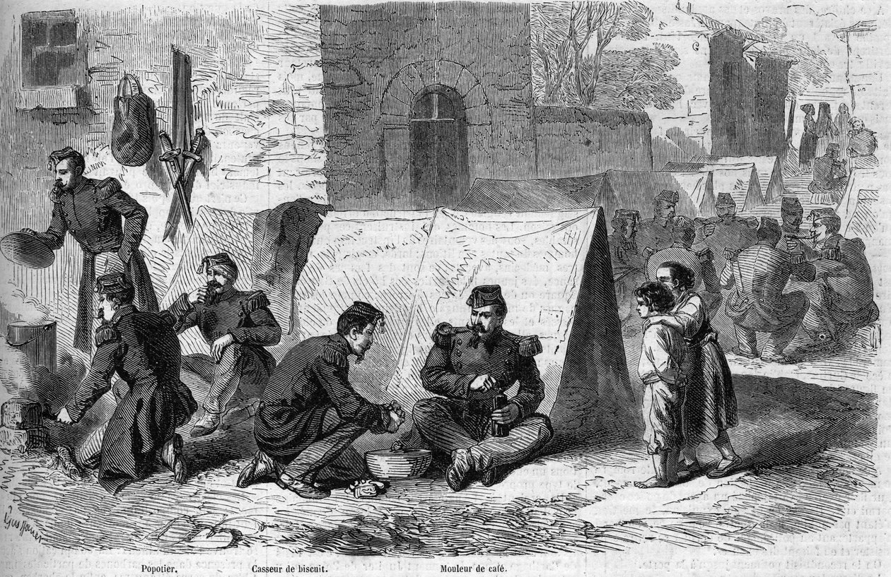 Ranskan keisarillisen kaartin 1. grenadiereiden rykmentin "" popote"" (aterian) valmistus Risorgimenton aikana. Vasemmalta oikealle: "popotteri", "keksinmurskain" ja "kahvinkeitin". Cavriana, Italia tekijältä French School
