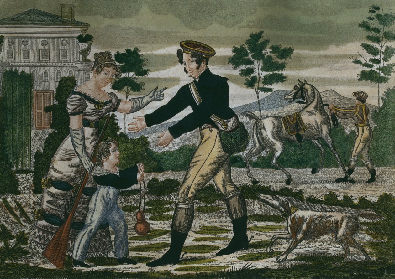 Metsästykseen valmistautuminen, levy 1, 1800-luvun alku (värikaiverrus) tekijältä French School