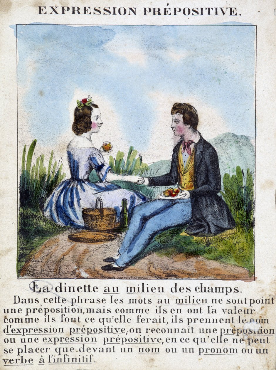 Prepositiivinen ilmaisu (Dinetti keskellä kenttiä) - kielioppikirja kuvina, noin 1850 tekijältä French School