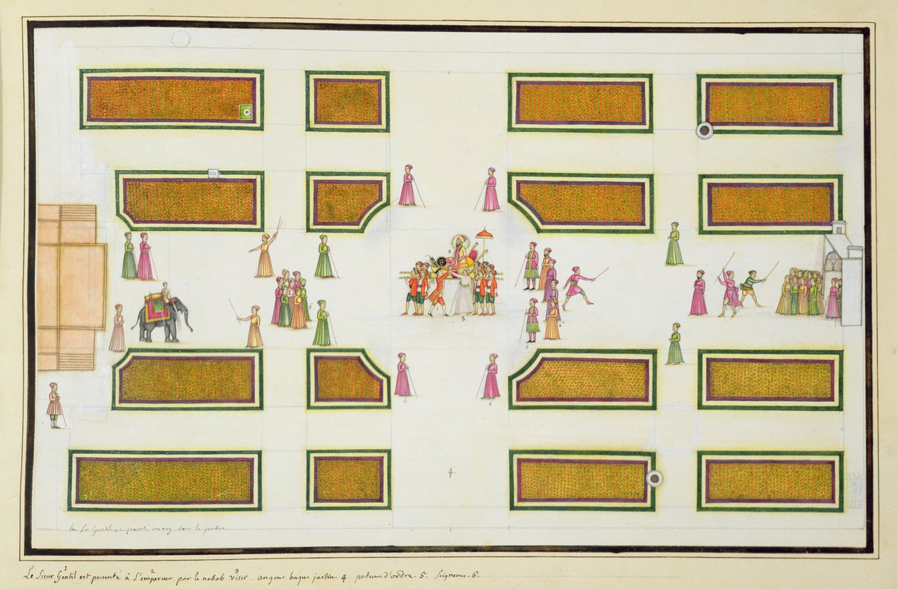 Nawab Shuja ud-Daulan Gentil-esitys keisari Shah Alamille Angur Baghissa Gentil-albumista, julkaistu vuonna 1774 tekijältä French School