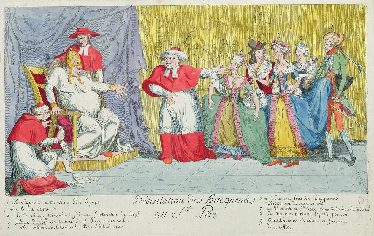 Tammojen esittely Pyhälle Isälle, karikatyyri Adelaiden (1732-1800) ja Victoire de Francen (1733-99) esittelystä paaville, 17. huhtikuuta 1791 tekijältä French School