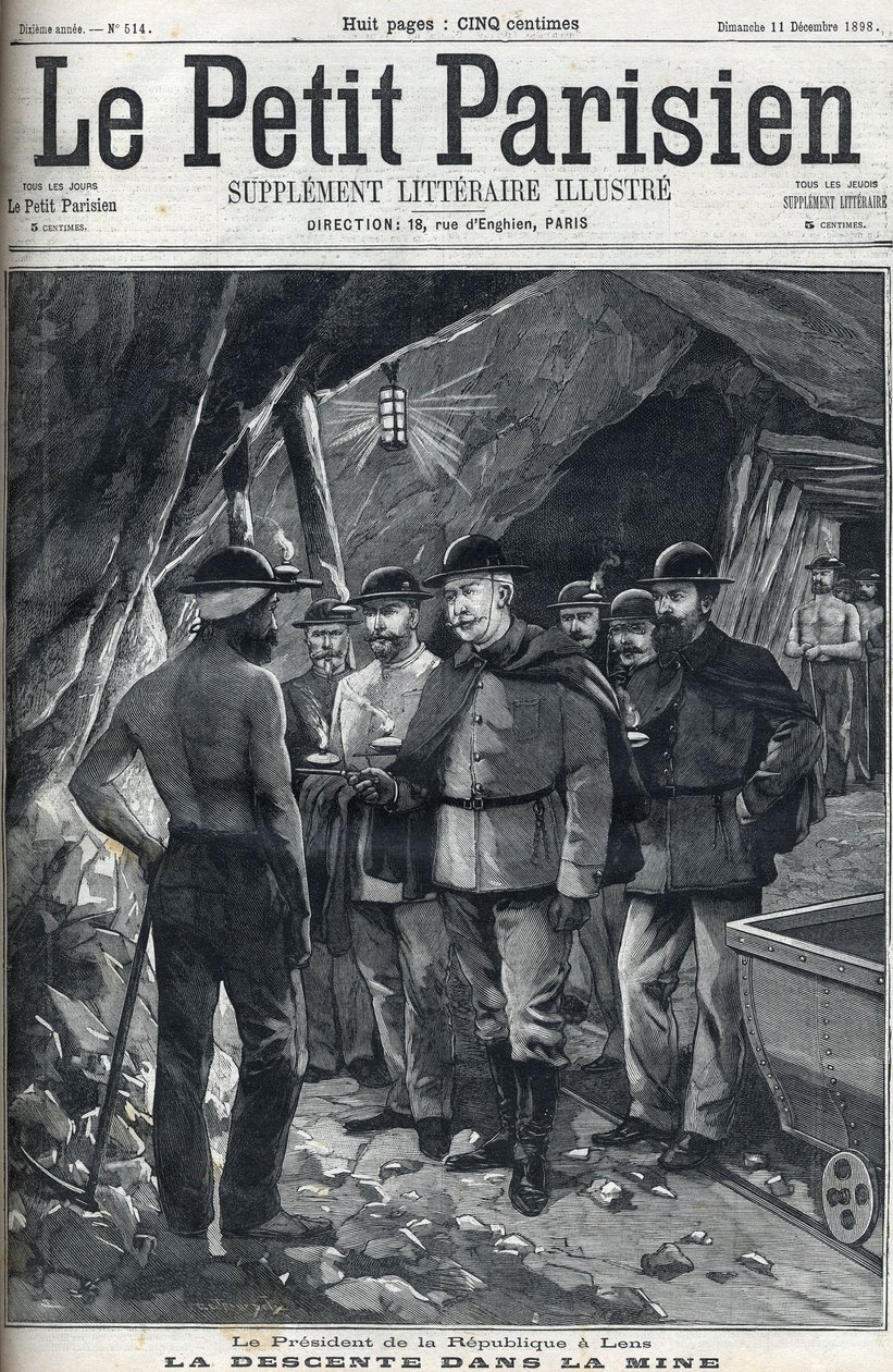 Ranskan tasavallan presidentti Felix Faure vieraili Lensin kaivoksilla joulukuussa 1898. Le petit Parisien -sanomalehden kansi. tekijältä French School