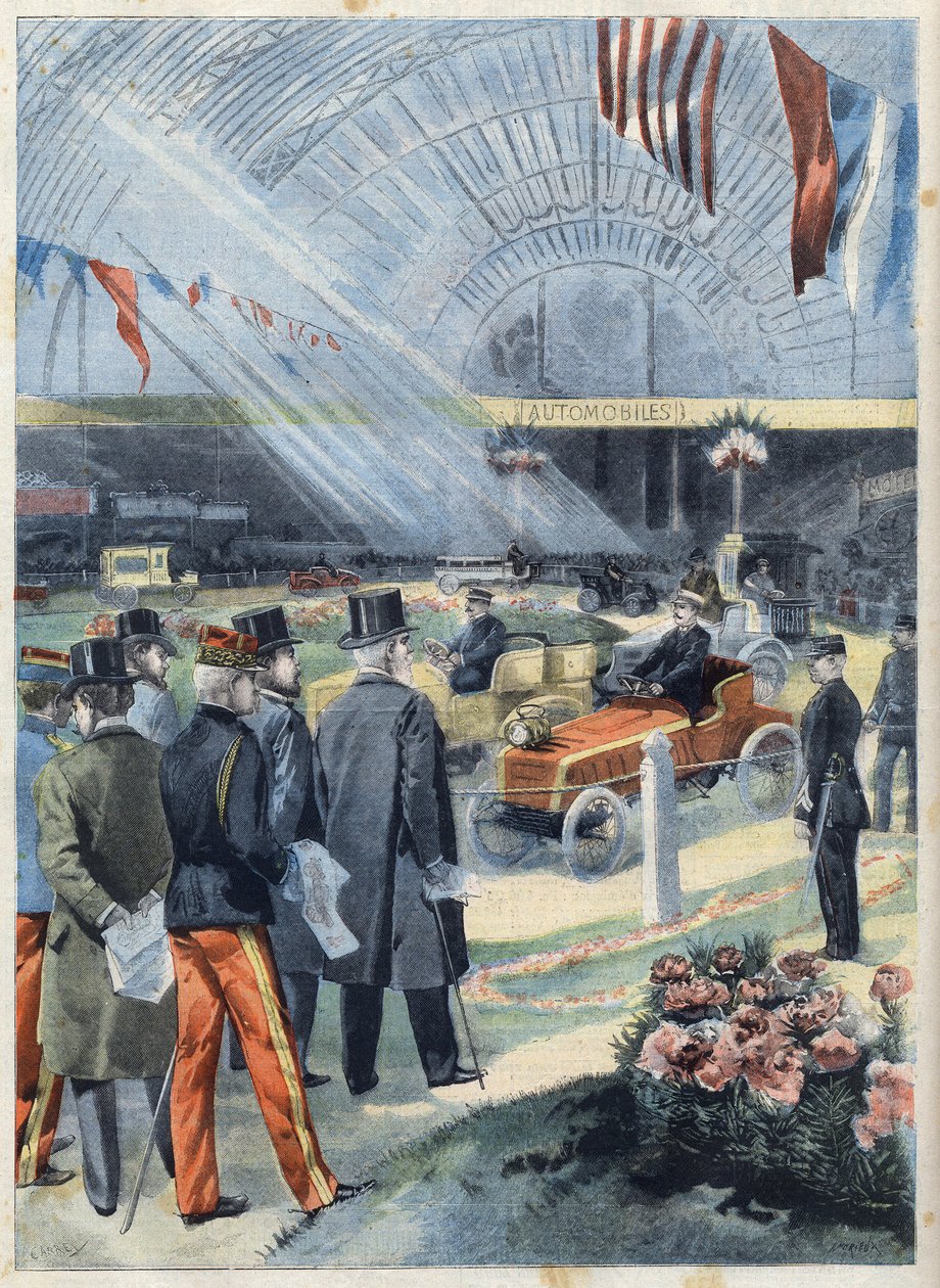 Ranskan tasavallan presidentti Emile Loubet (1838-1929) pitää teollisen alkoholin näyttelyn Champ de Marsin (Champs-de-Mars) konegalleriassa Pariisissa, "Le Petit Parisienissa" tekijältä French School