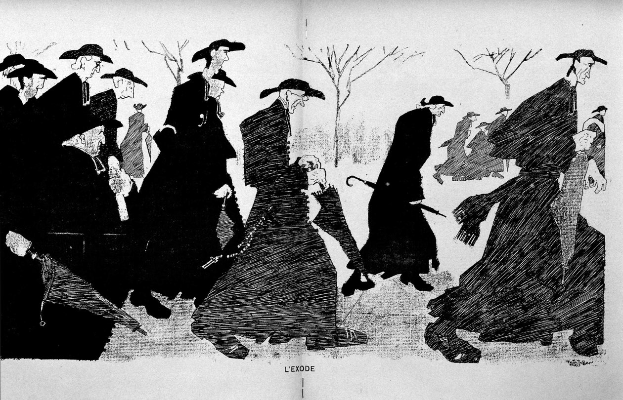 Papit pylväissä karkaamassa (kirkon ja valtion erottaminen) - "Todistaja" 29.12.1906. tekijältä French School