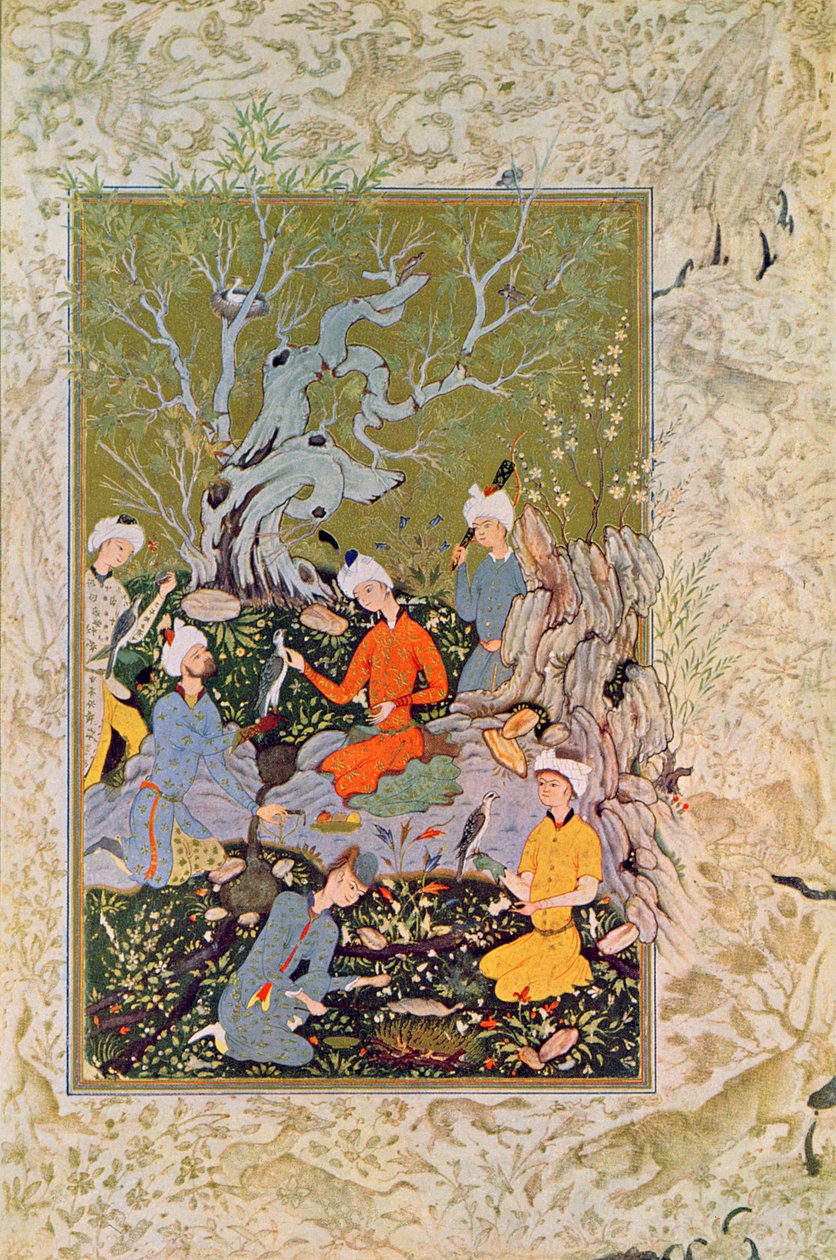 Prinssi metsästää haukkojen kanssa, kuvitus elokuvalle The Arabian Nights, 1895 (värikaiverrus) tekijältä French School
