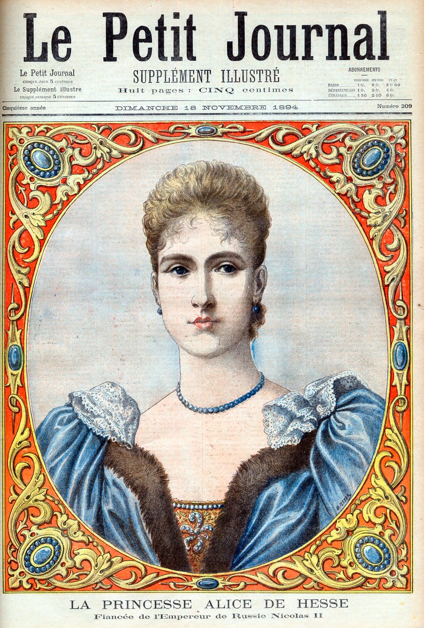 Hessenin prinsessa Alix (Alexandra Feodorovna) (Alexandra Feodorovna Romanov) Venäjän tsaari Nikolai II:n morsian. Hessenin ja Reinin prinsessa Alice (1872-1918). Venäjän keisarin Nikolai II:n morsian. Kuvitus Le petit Journalille tekijältä French School