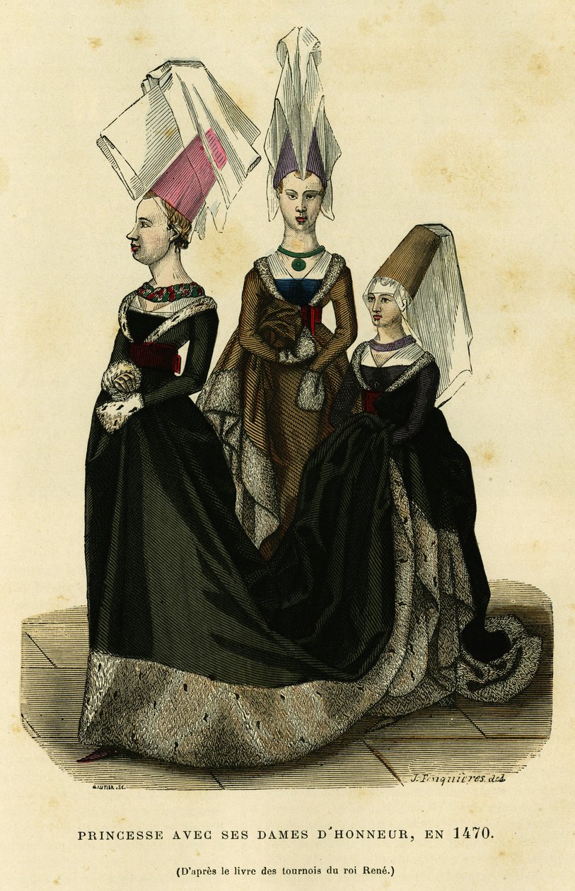 Prinsessa kunniakuningattariensa kanssa, noin vuonna 1470. Värikaiverrus kuningas Renen turnajaiskirjan mukaan, teoksessa "France et les francais a travers les siecles", Augustin Challamel, F.Roy, Pariisi 1882. Selvan kokoelma. tekijältä French School