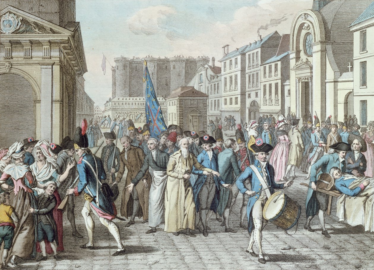 Vangit rue Saint-Antoine -kadulla Bastillesta vapautumisen jälkeen 14. heinäkuuta 1789 tekijältä French School