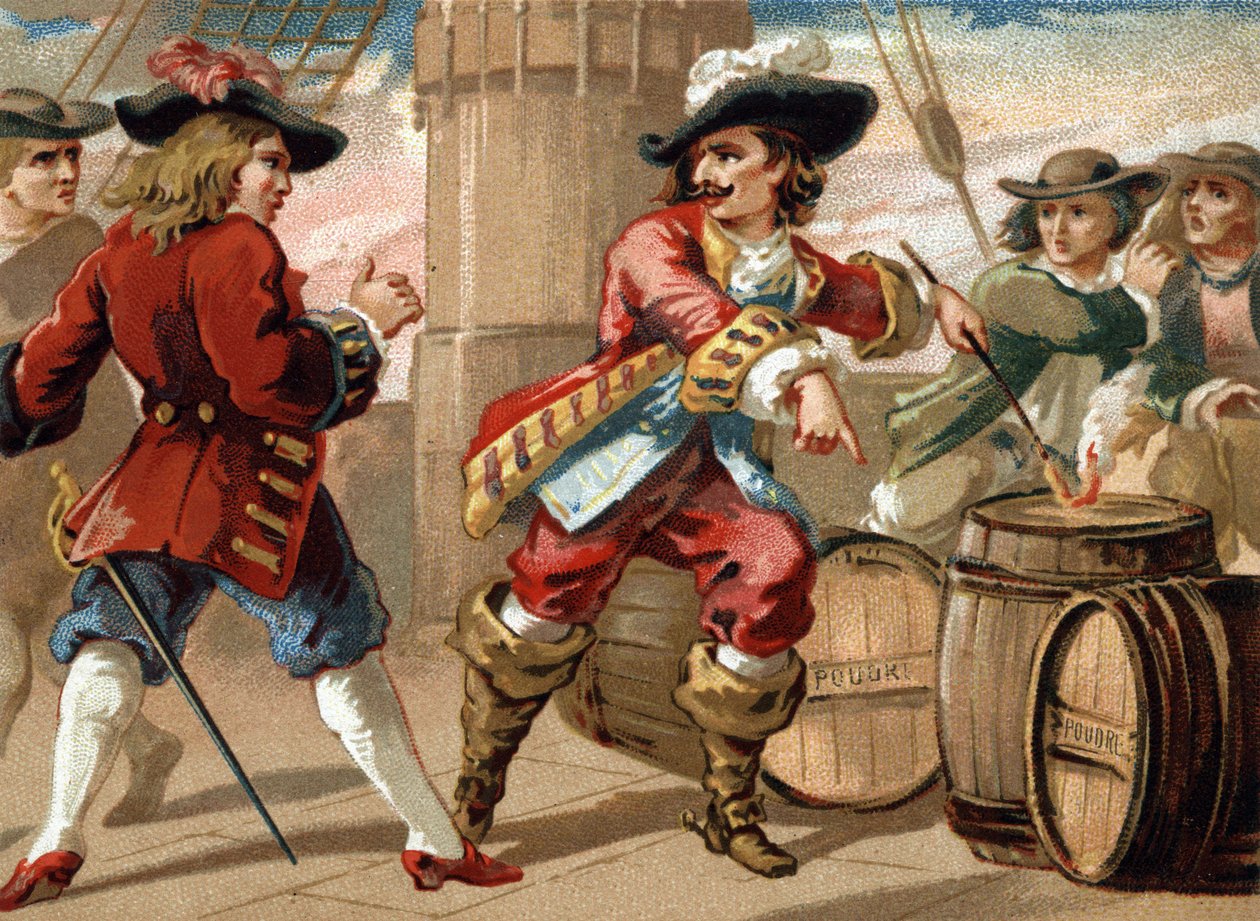 Sotamies Jean Bart (1650-1702) uhkasi englantilaista yksityismiestä, joka otti hänet vangiksi, uhkaamalla tätä räjäyttää aluksensa syttämällä ruutitynnyrin tuleen. 1800-luvun lopun kromolitografia tekijältä French School