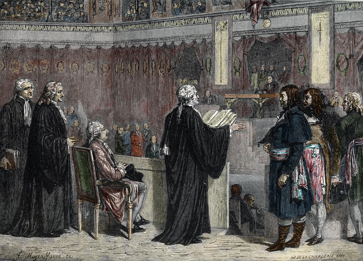 Process de Louis XVI: Ludvig XVI:n esiintyminen kansalliskokouksen edustajien edessä (värikaiverrus) tekijältä French School