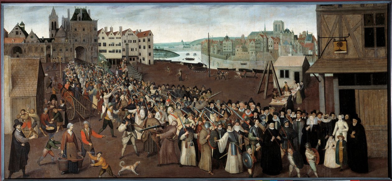 Liigan kulkue Place de Grevessä poistumassa Saint Jeanin arkadista Pariisissa Maalaus Ecole francaisesta. 1590 Su. 1x2,12 m Pariisi, Musee Carnavalet - Liigan kulkue Place de Grevessä poistumassa Arcade St. Jeanista Pariisissa. Maalaus tekijältä French School