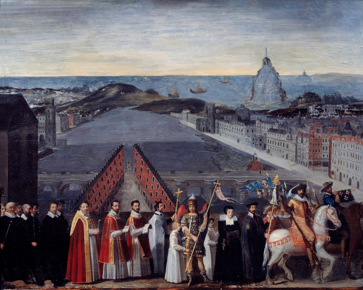 Saint Michel du Mont sur le Pont Neuf Anonymous -maalauksen pelerinien pariisilaisen hillon kulkue. 17. vuosisata. Mitat 0,80 x 1,05 m Pariisi, Musee Carnavalet tekijältä French School