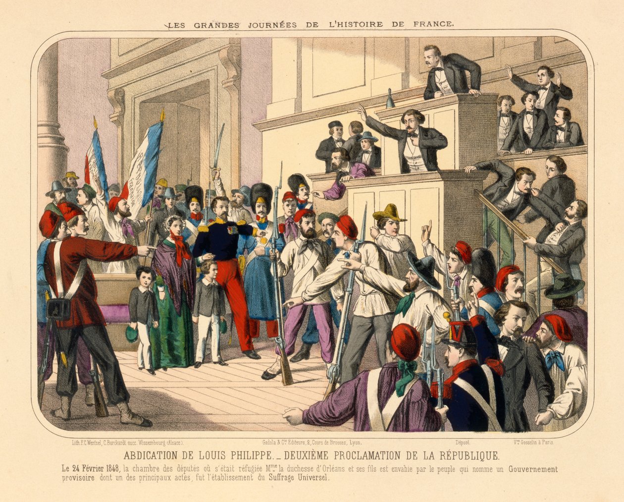 Toisen Ranskan tasavallan julistaminen helmikuun vallankumouksen aikana, 24. helmikuuta 1848, Gadola, Lyon, 1848 julkaisema laaja lehti tekijältä French School
