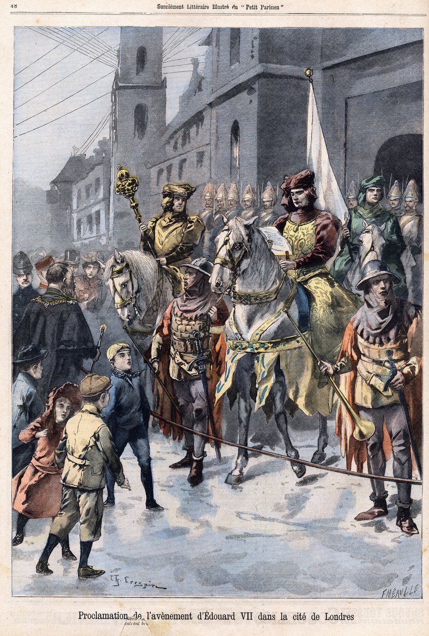 Edward VII:n tulevaisuuden julistus Englannin kuninkaan (1841-1910) tulevaisuudesta kuningatar Victorian kuolinpäivänä 22. tammikuuta tekijältä French School