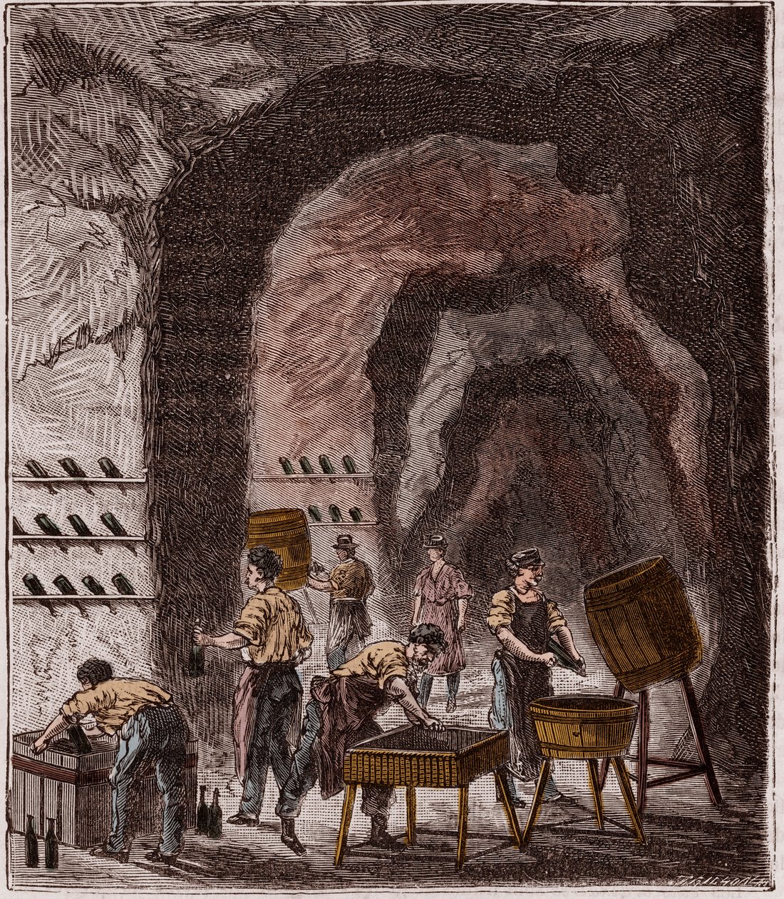 Samppanjan tuotanto - Fabrication du Champagne - Kaiverrus "Kaikkien saatavilla olevat tieteet - fysiikka ja kemia", kirjoittaja Alexis Clerc - 1800-luvun loppu - Yksityinen kokoelma tekijältä French School