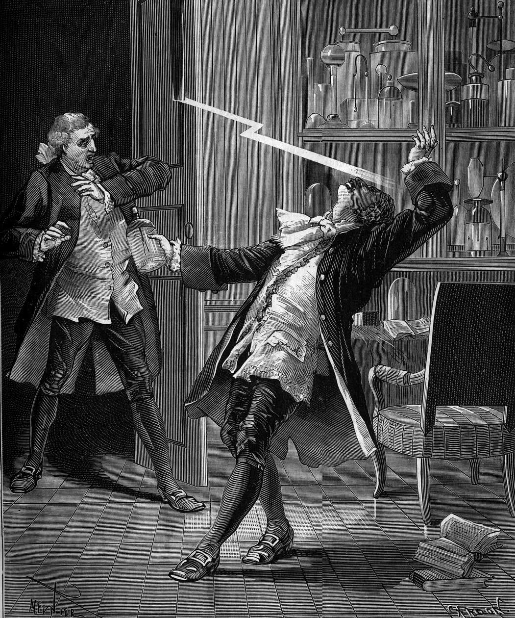 Professori Georges Guillaume Richmann (1711-1753) kuoli työpajassaan elektrometrikokeen seurauksena. tekijältä French School