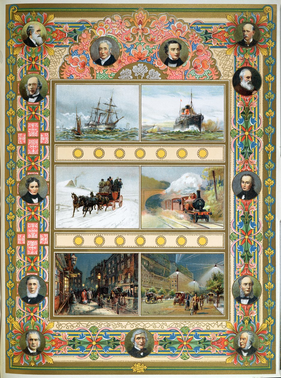 Edistyminen kuningatar Victorian hallituskaudella (1819-1901). Purjelaivat, höyrylaivat, höyryjunat sekä kaasu- ja sähkökatuvalaistus, 1887 tekijältä French School