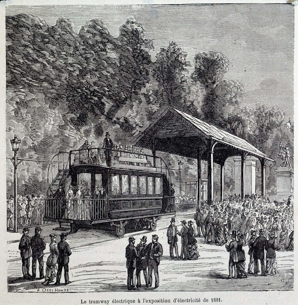 Edistystä liikenteessä: sähköraitiovaunulla esiteltiin sähköä vuonna 1881. Kaiverrus 1800-luvulta tekijältä French School