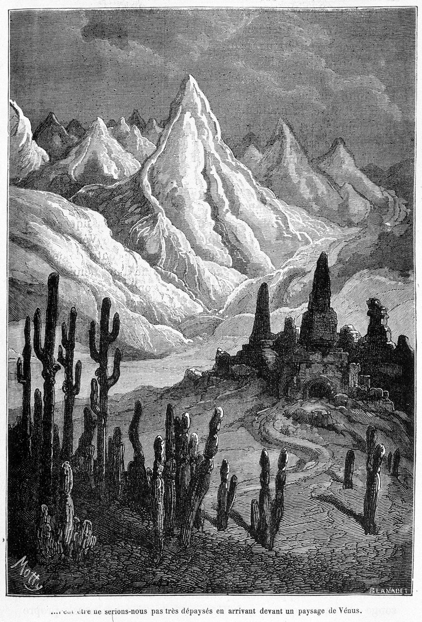 Kuvitteellinen projektio Venuksen maisemasta - Camille Flammarionin "Les Terres du Ciel" -kirjassa, toim. Marpon & Flammarion, Pariisi tekijältä French School