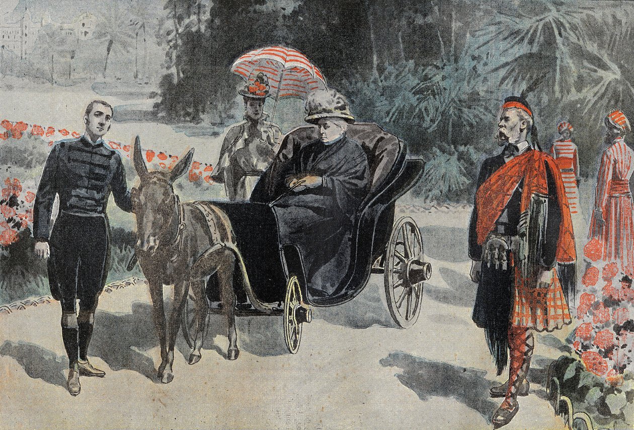 Promenade de Victoria I (1837-1901) Englannin kuningatar, Hotel Cimiezin puistossa lähellä Nizzaa. Kaiverrus kirjassa "" Le Pelerin"" 26/03/1899. tekijältä French School