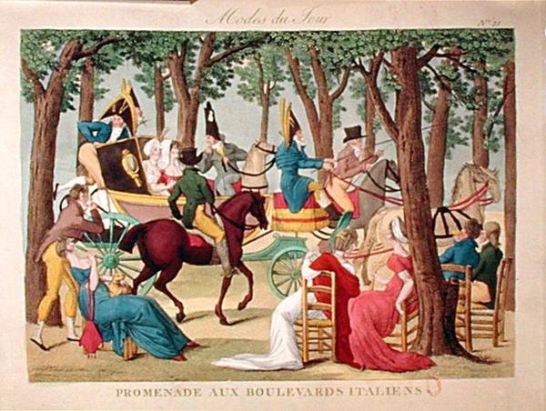 Promenade Boulevard des Italiensilla Pariisissa, 1800-luvun alku (värillinen kaiverrus) tekijältä French School