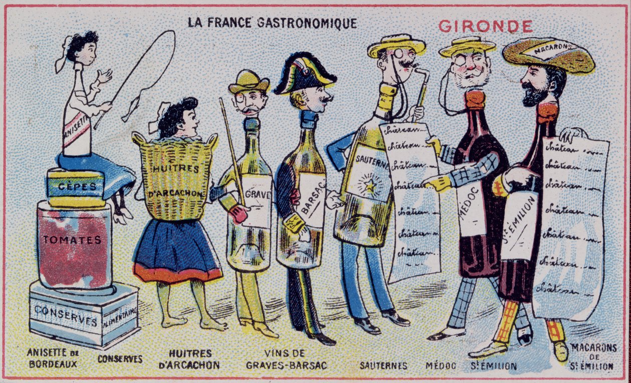 Kampanja- ja koulutuskortti lapsille, joka kuvaa Gironden alueen ruokaerikoisuuksia. noin 1910 tekijältä French School