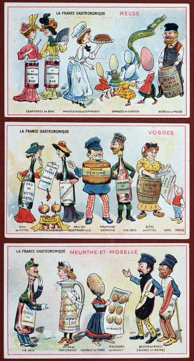 Kampanja- ja koulutuskortit lapsille, jotka kuvaavat Lorraine-alueen ruokaerikoisuuksia, n. 1910 tekijältä French School