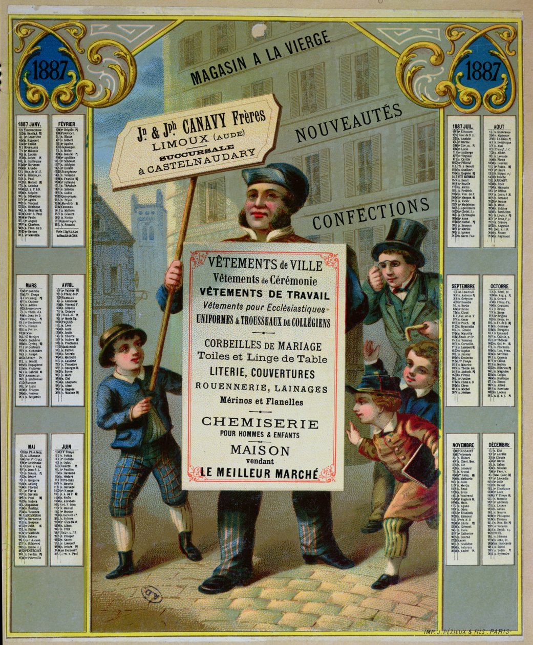 Kampanjakalenteri vuoden 1887 Canavy Freres -räätälien ja lyhyttavaroiden mainontaan, n. 1886 tekijältä French School