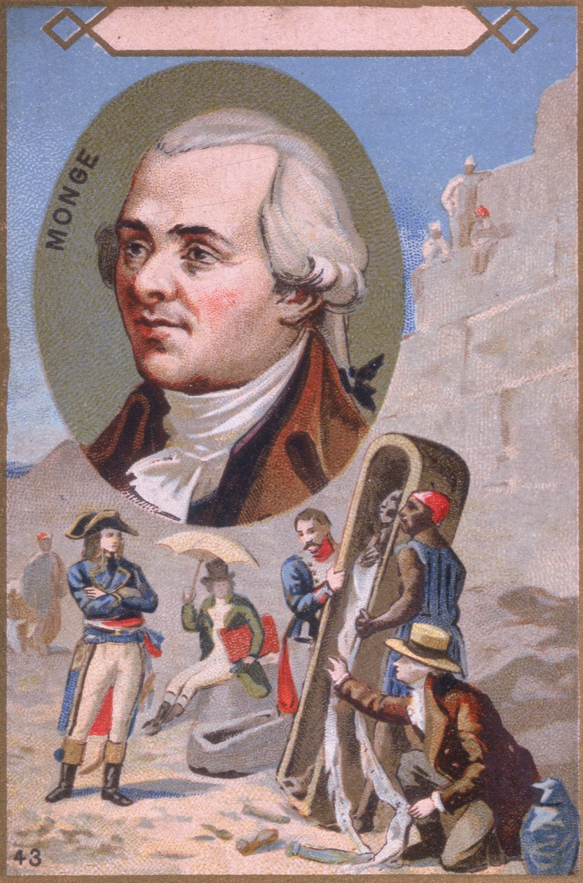 Mainoskortti, jossa Gaspard Monge (1746-1818) esittelee muumion Napoleon Bonapartelle (1769-1821) Egyptin kampanjan aikana, 1800-luvun lopulla tekijältä French School