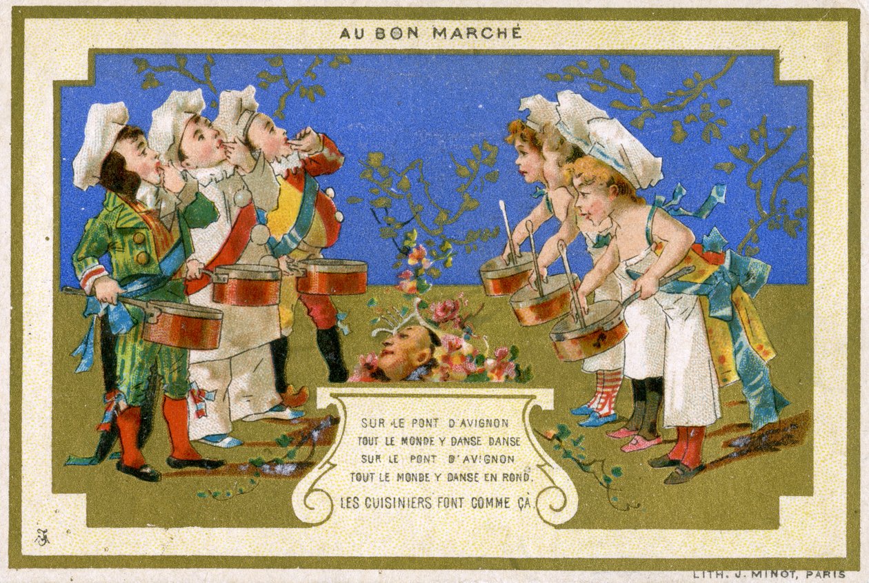 Pariisilaisen tavaratalon Au Bon Marché mainoskortti, joka kuvaa kokkeja tanssimassa Avignonin sillalla, n. 1895 tekijältä French School