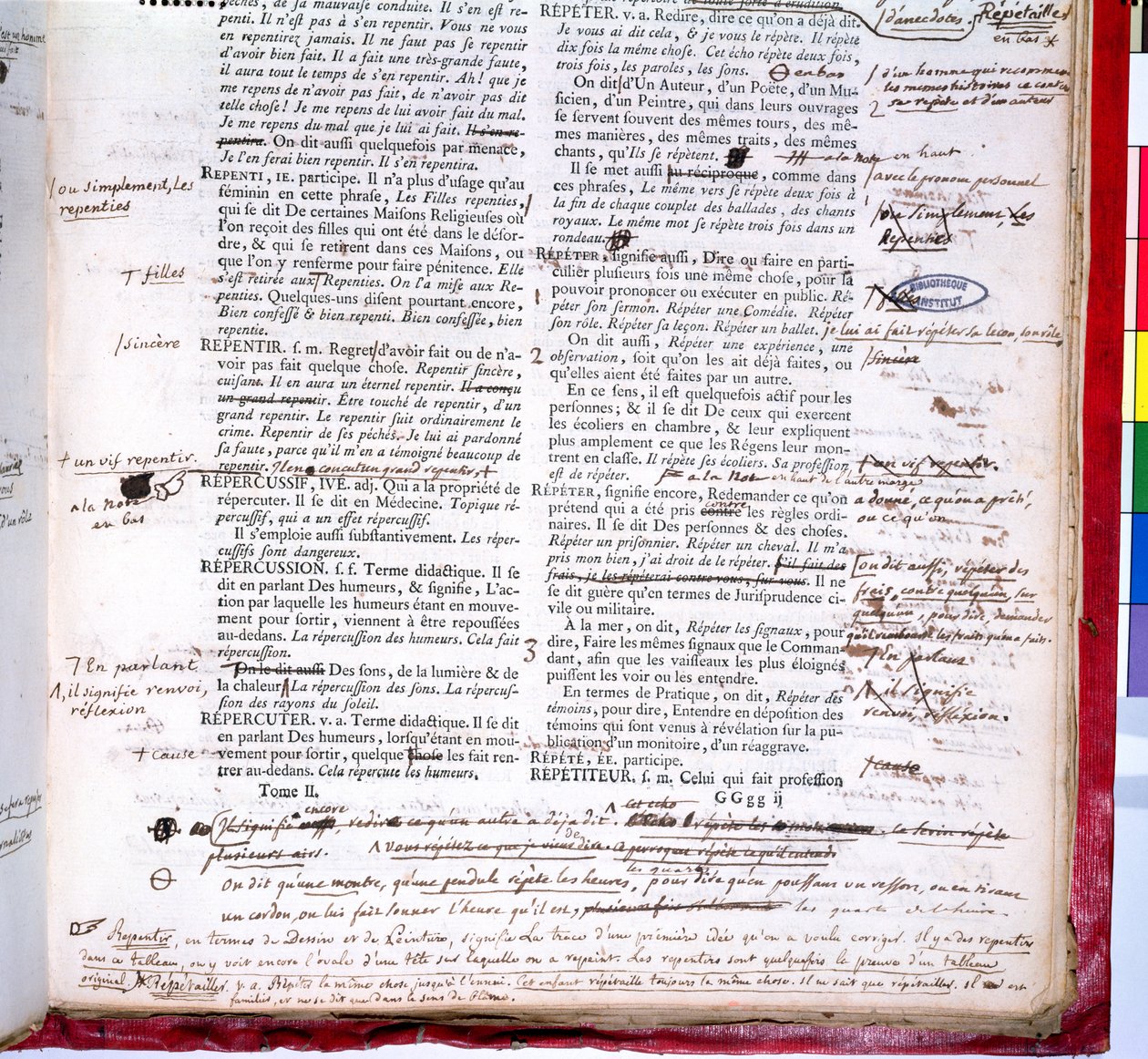 Oikolukusivu, jossa on korjauksia Ranskan akatemian sanakirjan painoksesta (muste paperille) (yksityiskohta 179941) tekijältä French School